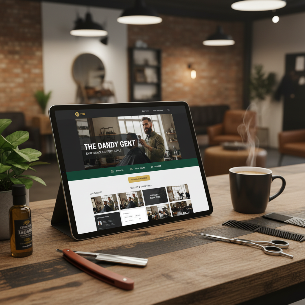 A stylish and trendy website mockup for a modern barbershop.